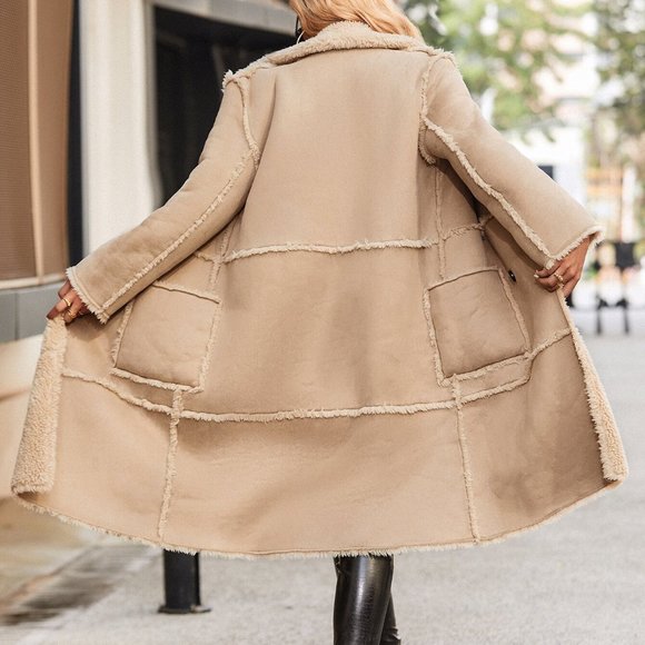 Reg or Plus Size camel Double Breasted Teddy lined faux suede Coat Jacket fall - Picture 2 of 11